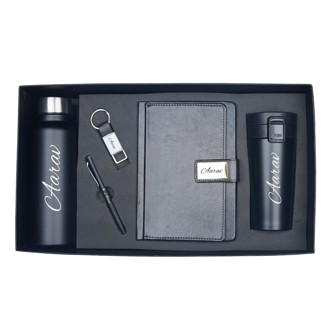 Classy Executive Diary + Classic Metal Pen + Classy Leather Metal Keychain + Classic Smart Bottle  + Stainless Steel Travell Mug - Black