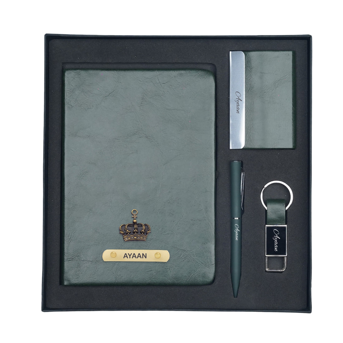 Classy Hardcover Diary + Classic Metal Pen + Classy Leather Metal Keychain + Classy Card Holder - Green