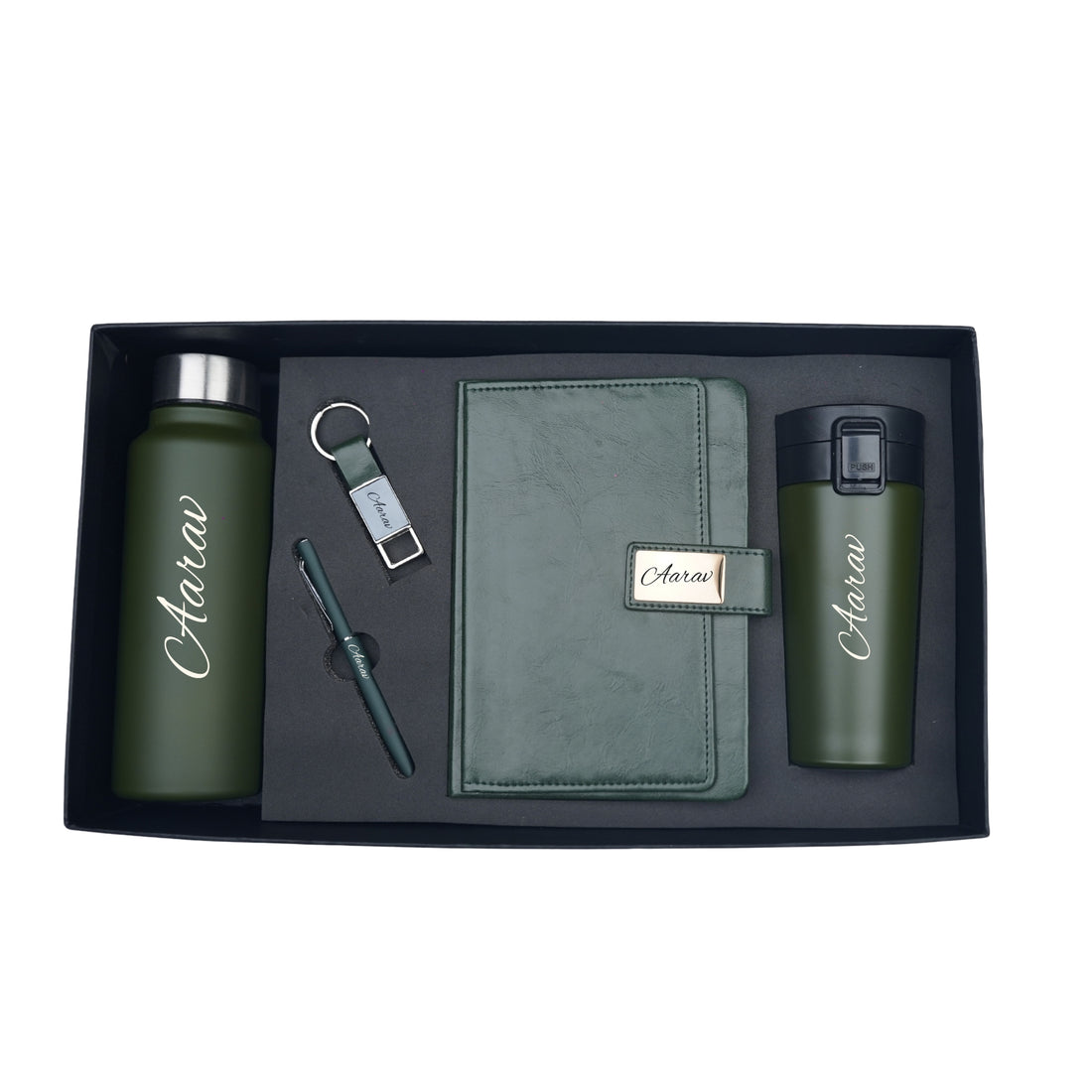 Classy Executive Diary + Classic Metal Pen + Classy Leather Metal Keychain + Classic Smart Bottle  + Stainless Steel Travell Mug - Green