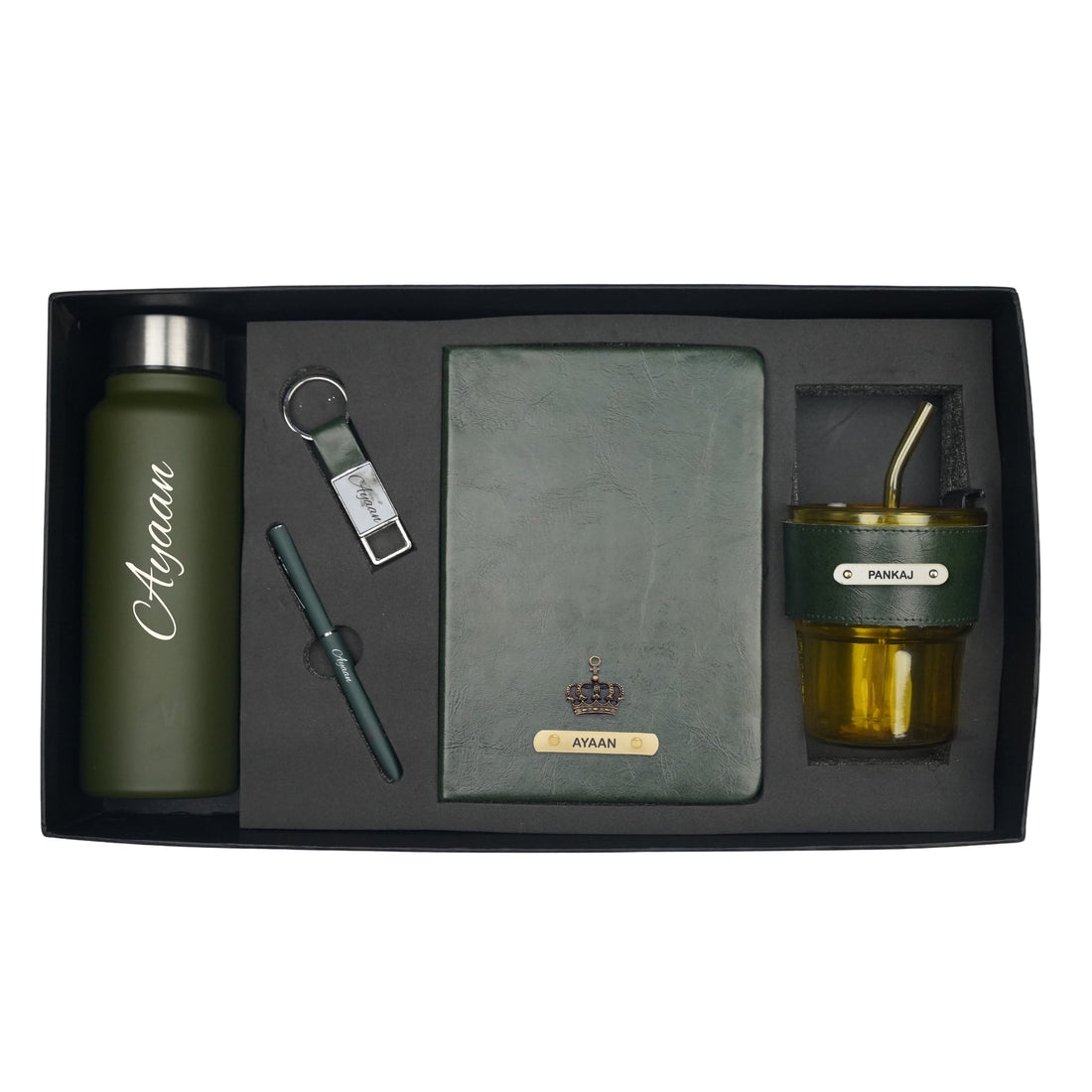 Classy Hardcover Diary + Classic Metal Pen + Classy Leather Metal Keychain + Classic Smart Bottle  +  Leather Sleeve Coffee Tumbler -Green
