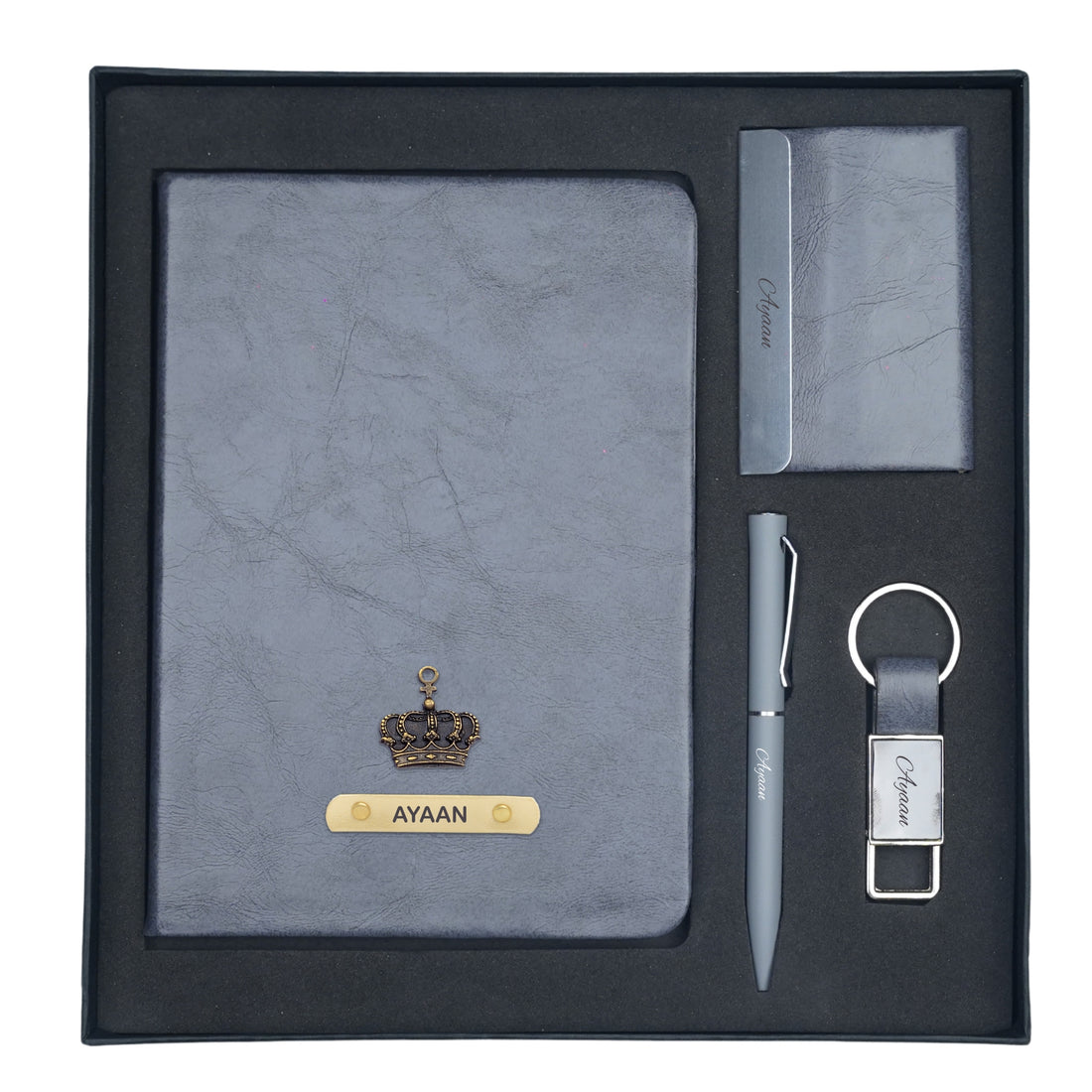 Classy Hardcover Diary + Classic Metal Pen + Classy Leather Metal Keychain + Classy Card Holder - Grey