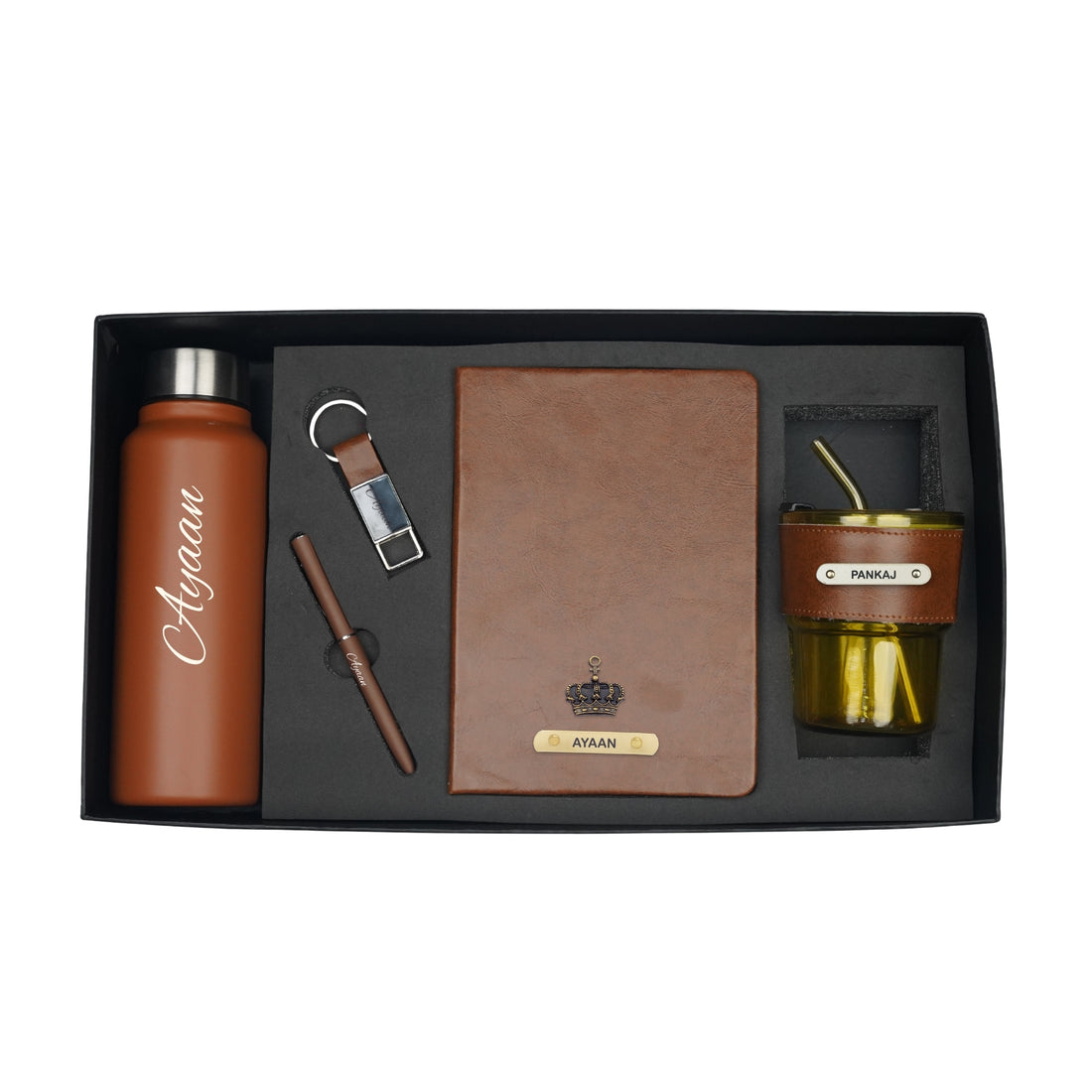 Classy Hardcover Diary + Classic Metal Pen + Classy Leather Metal Keychain + Classic Smart Bottle  +  Leather Sleeve Coffee Tumbler -TAN