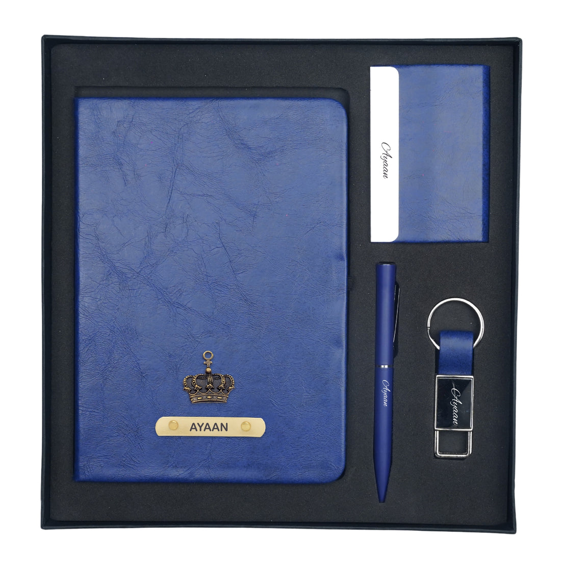 Classy Hardcover Diary + Classic Metal Pen + Classy Leather Metal Keychain + Classy Card Holder - Blue