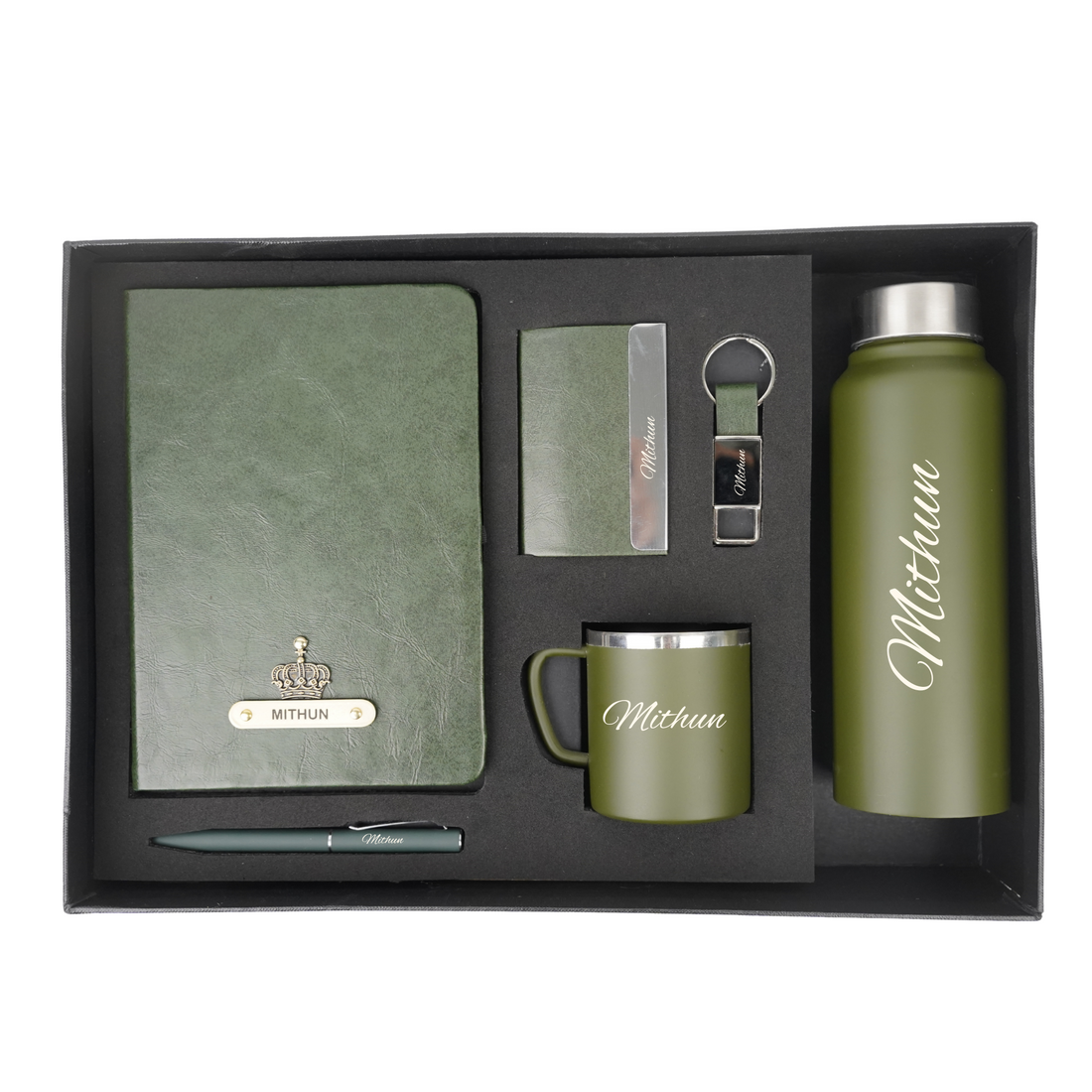 Classy Hardcover Diary + Classic Metal Pen + Classy Leather Metal Keychain + Classy Card Holder + Classic Smart Bottle  + Stainless Steel Mug - Green