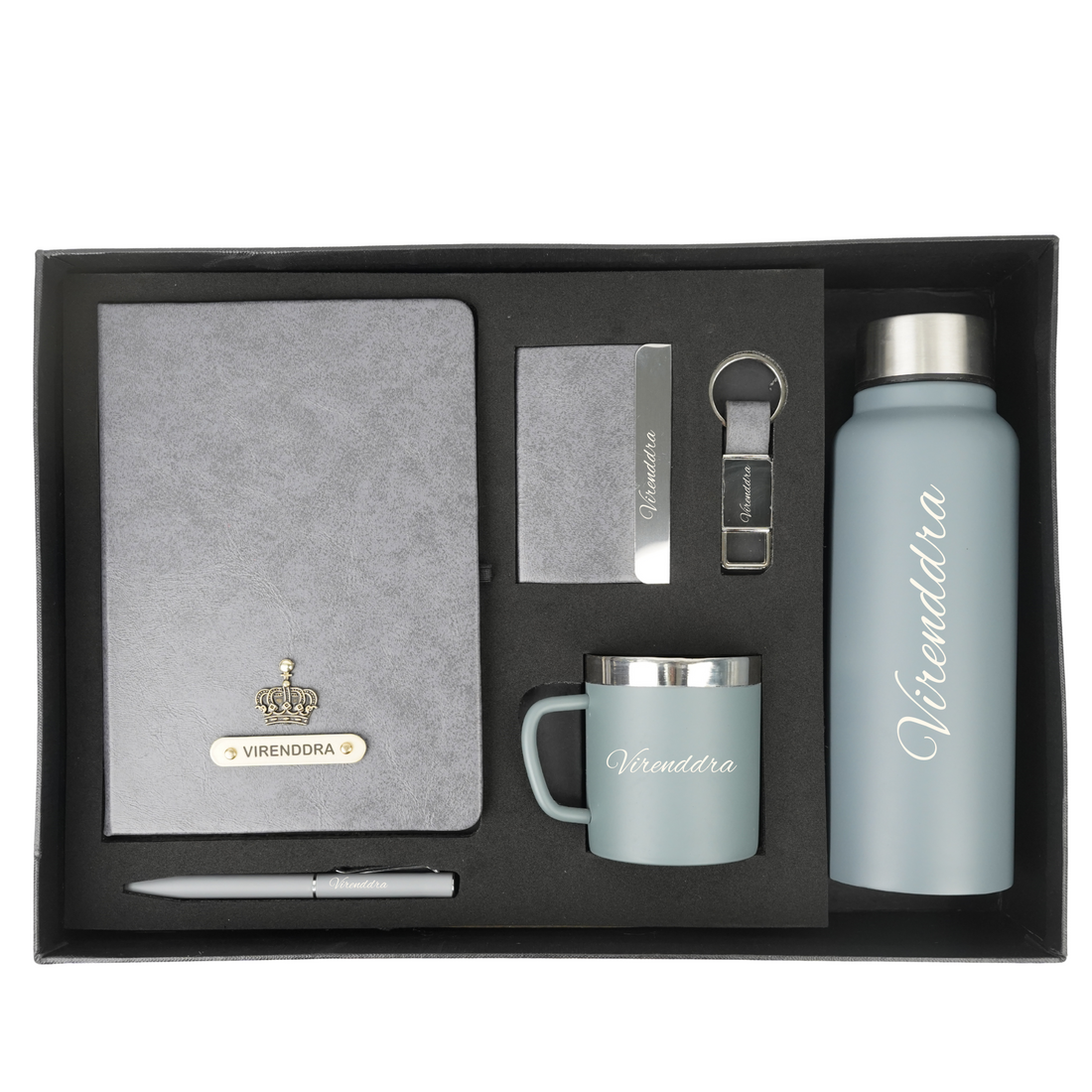 Classy Hardcover Diary + Classic Metal Pen + Classy Leather Metal Keychain + Classy Card Holder + Classic Smart Bottle  + Stainless Steel Mug - Grey