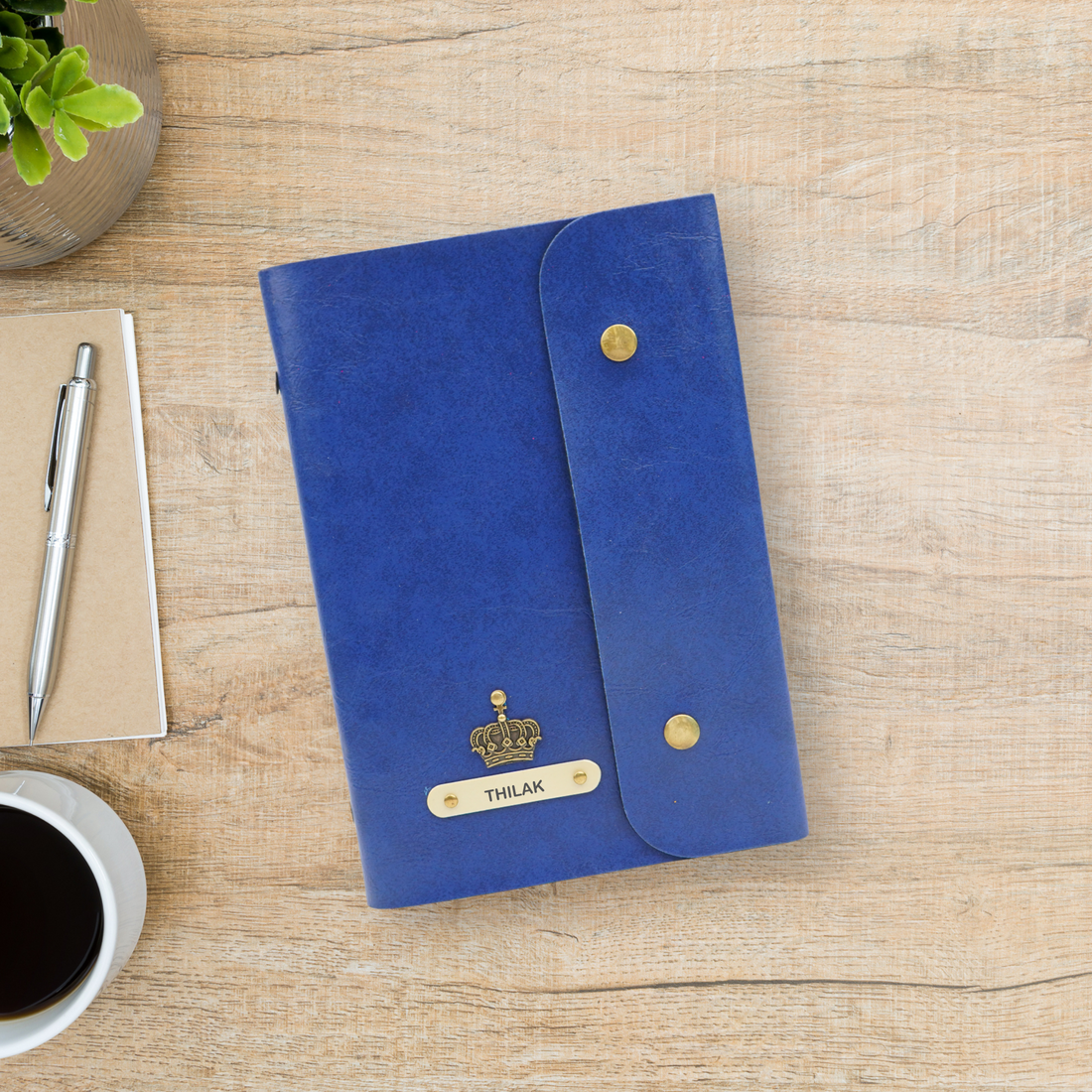 Classy Leather Customized Button Diary (Royal Blue)