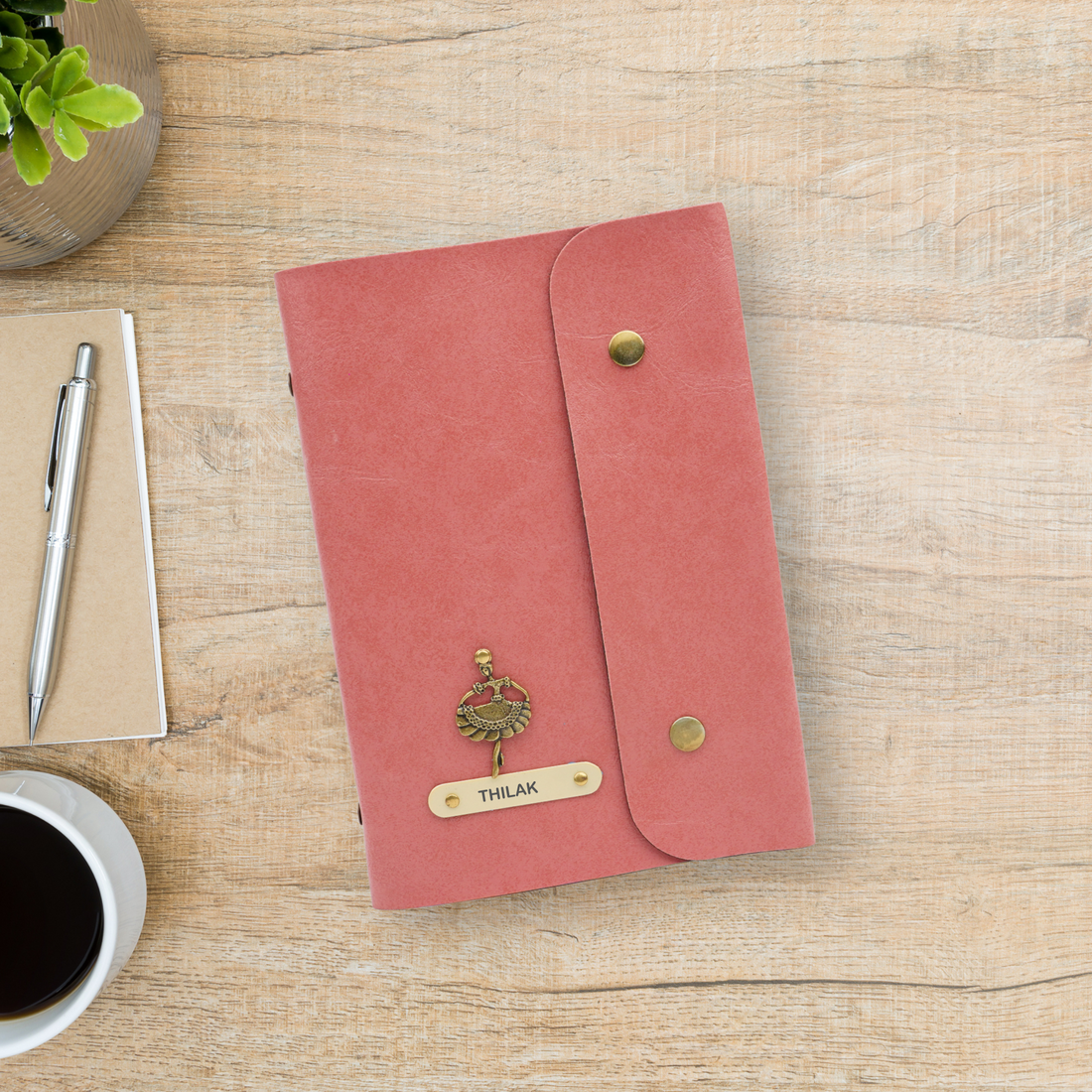 Classy Leather Customized Button Diary (Peach)