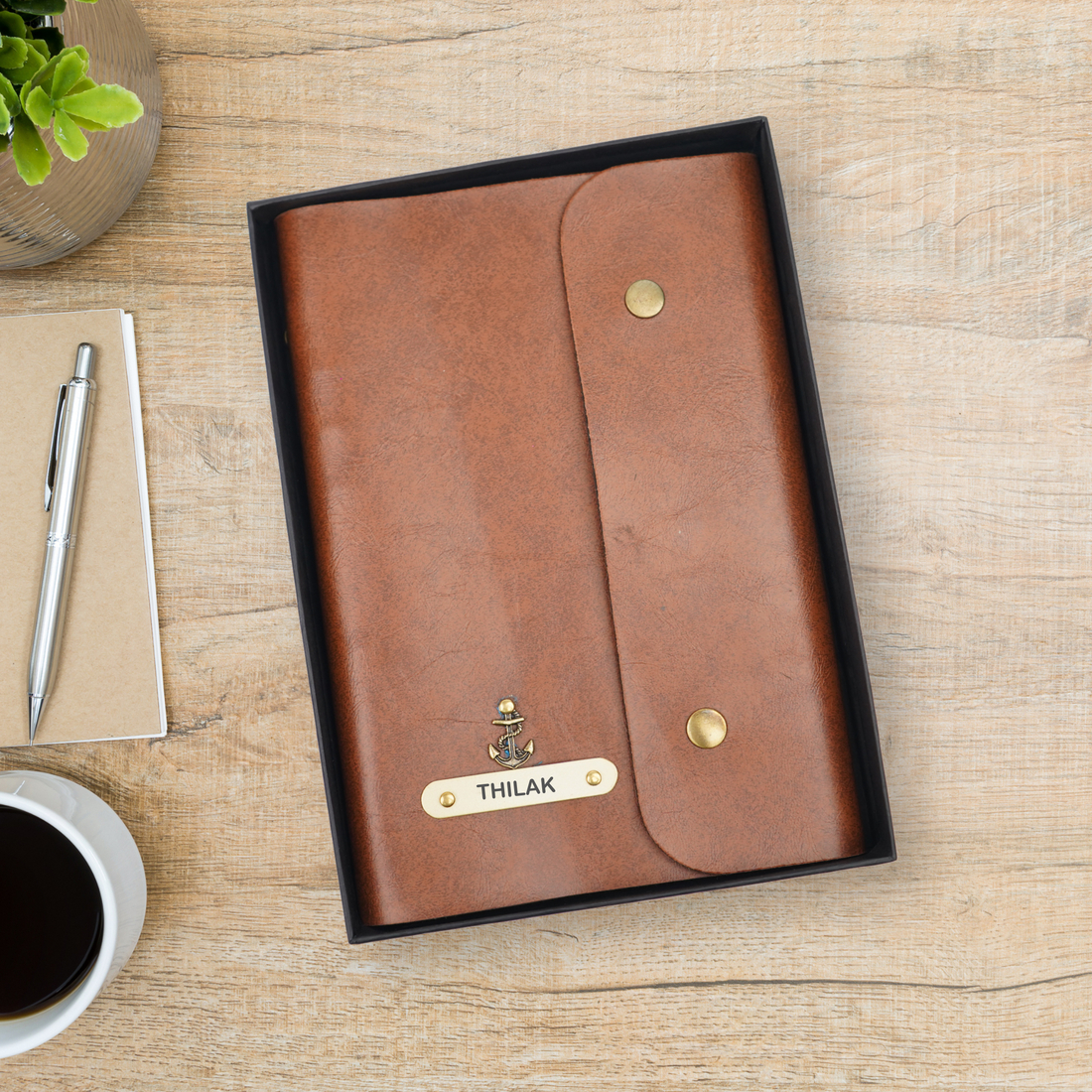 Classy Leather Customized Button Diary (Tan)