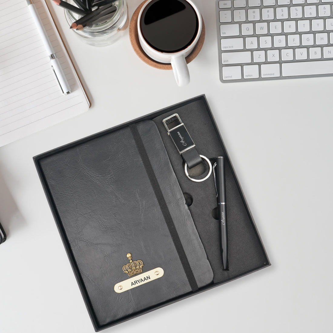 Classy Hardcover Diary + Classic Metal Pen + Classy Leather Metal Keychain - Black