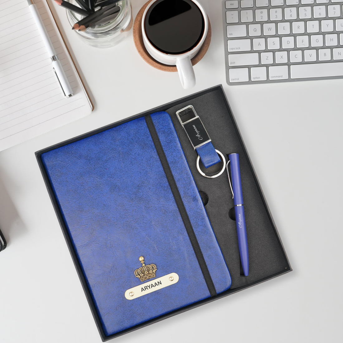 Classy Hardcover Diary + Classic Metal Pen + Classy Leather Metal Keychain - Blue
