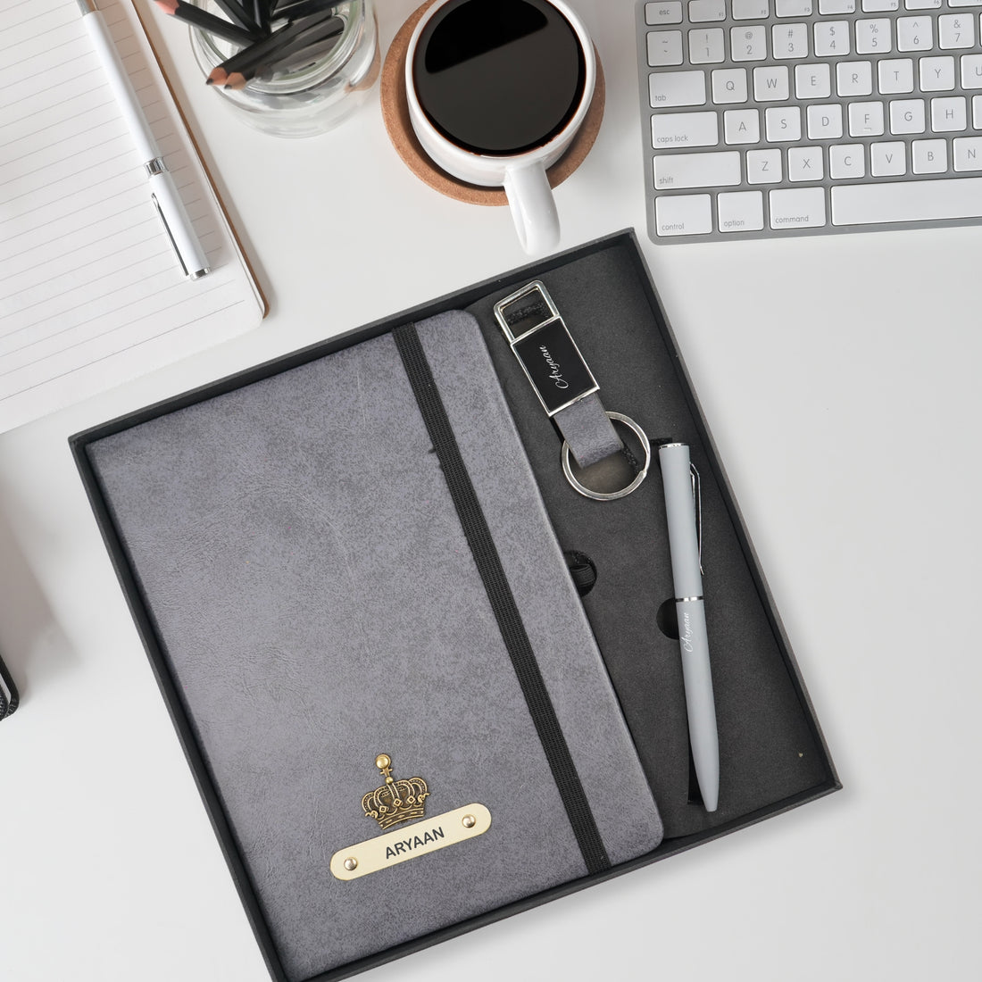 Classy Hardcover Diary + Classic Metal Pen + Classy Leather Metal Keychain - Grey