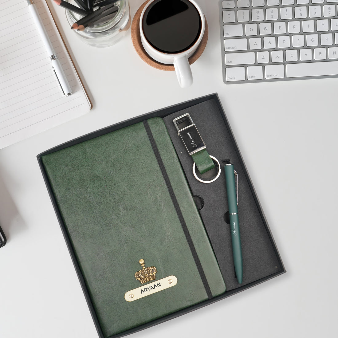 Classy Hardcover Diary + Classic Metal Pen + Classy Leather Metal Keychain - Green
