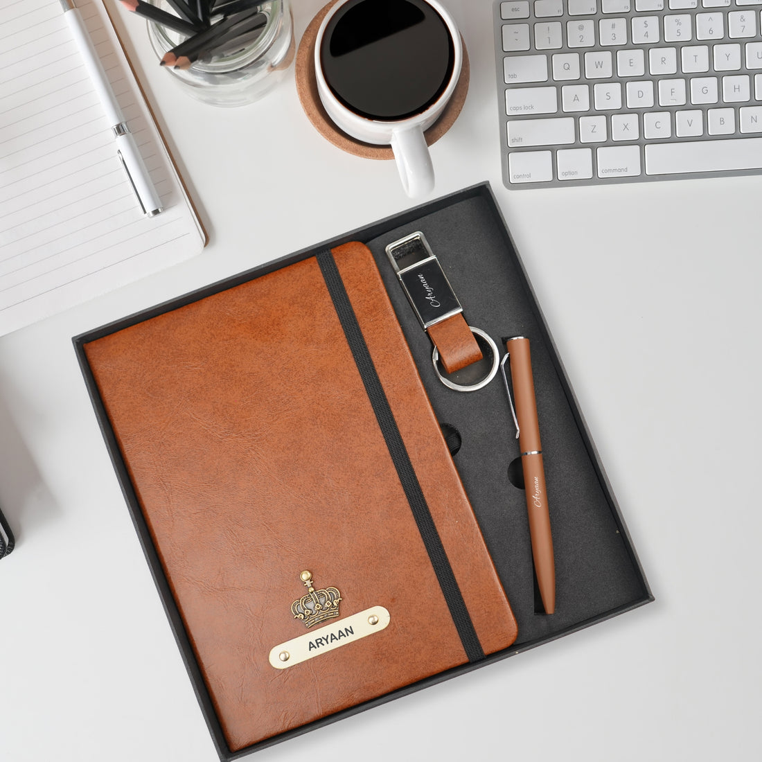 Classy Hardcover Diary + Classic Metal Pen + Classy Leather Metal Keychain - Tan