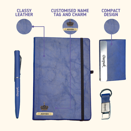 Classy Hardcover Diary + Classic Metal Pen + Classy Leather Metal Keychain + Classy Card Holder - Blue