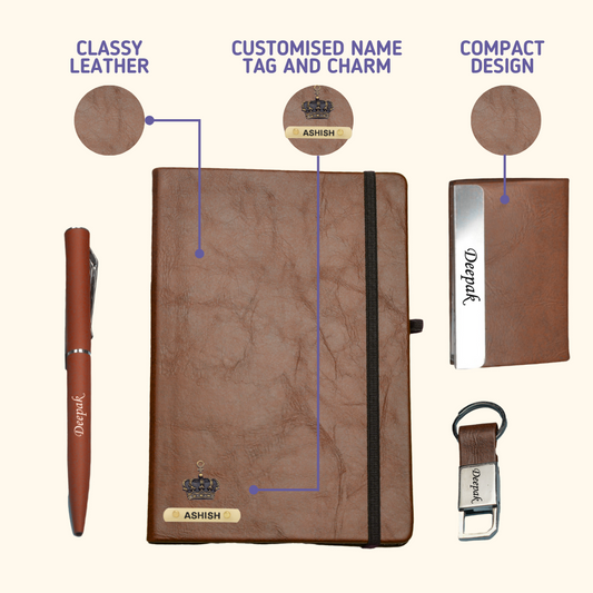 Classy Hardcover Diary + Classic Metal Pen + Classy Leather Metal Keychain + Classy Card Holder - Brown