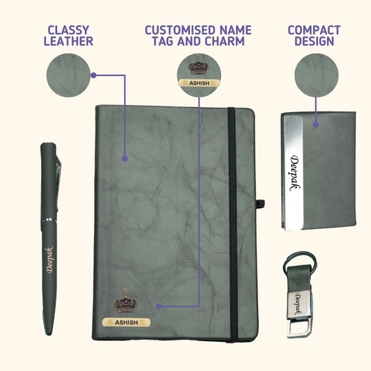 Classy Hardcover Diary + Classic Metal Pen + Classy Leather Metal Keychain + Classy Card Holder - Green