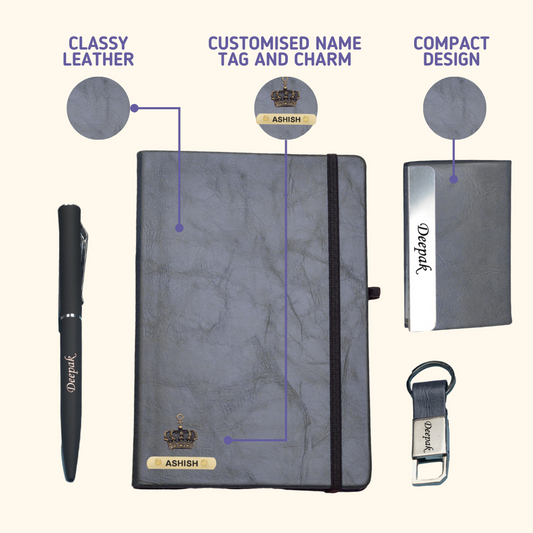 Classy Hardcover Diary + Classic Metal Pen + Classy Leather Metal Keychain + Classy Card Holder - Black