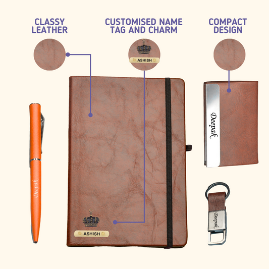 Classy Hardcover Diary + Classic Metal Pen + Classy Leather Metal Keychain + Classy Card Holder - Tan