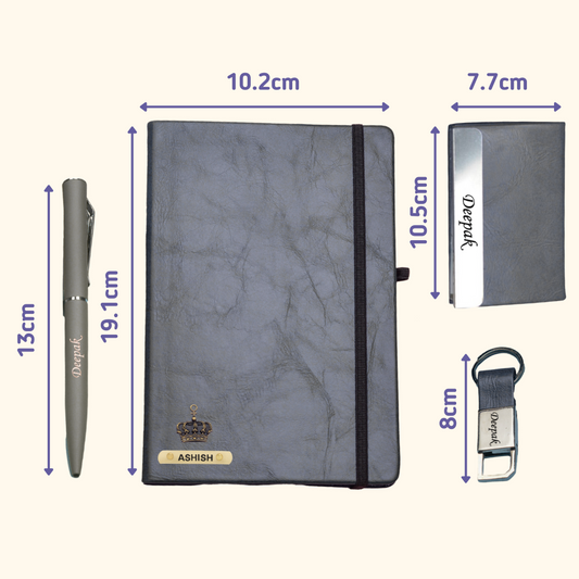 Classy Hardcover Diary + Classic Metal Pen + Classy Leather Metal Keychain + Classy Card Holder - Grey