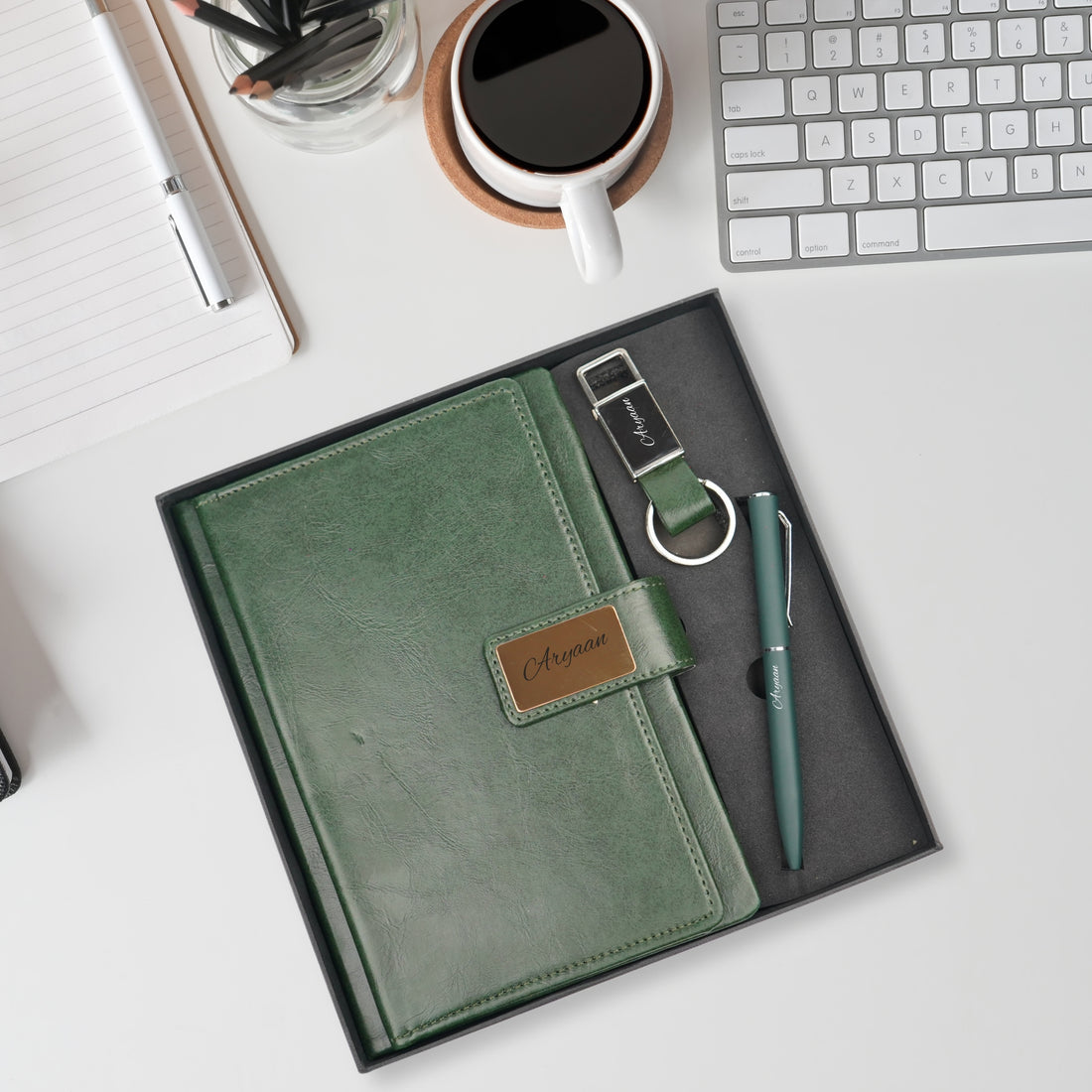 Classy Executive Diary + Classic Metal Pen + Classy Leather Metal Keychain - Green