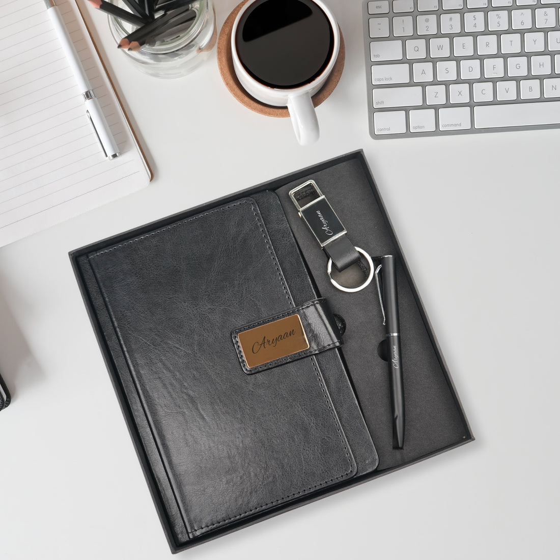 Classy Executive Diary + Classic Metal Pen + Classy Leather Metal Keychain - Black
