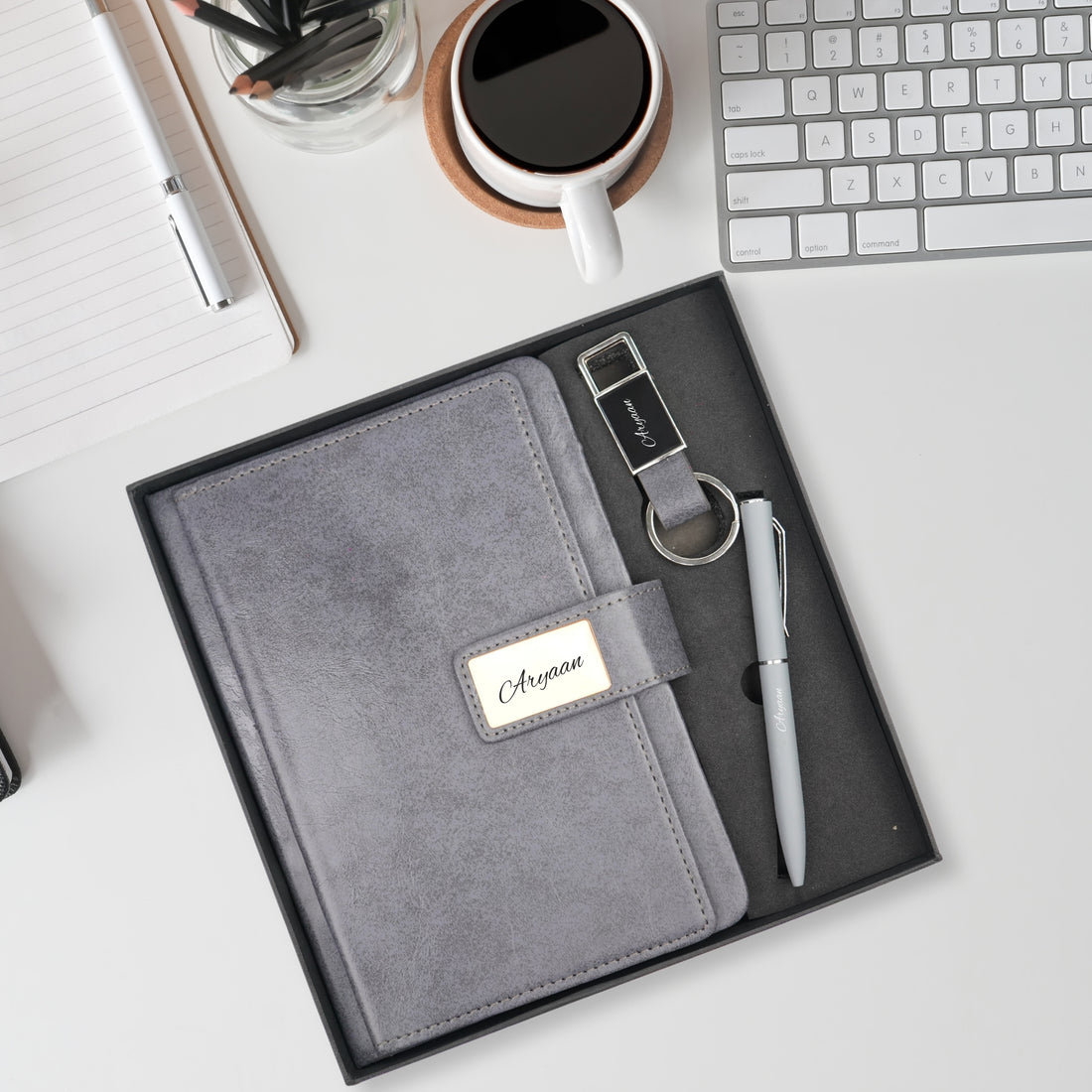Classy Executive Diary + Classic Metal Pen + Classy Leather Metal Keychain - Grey