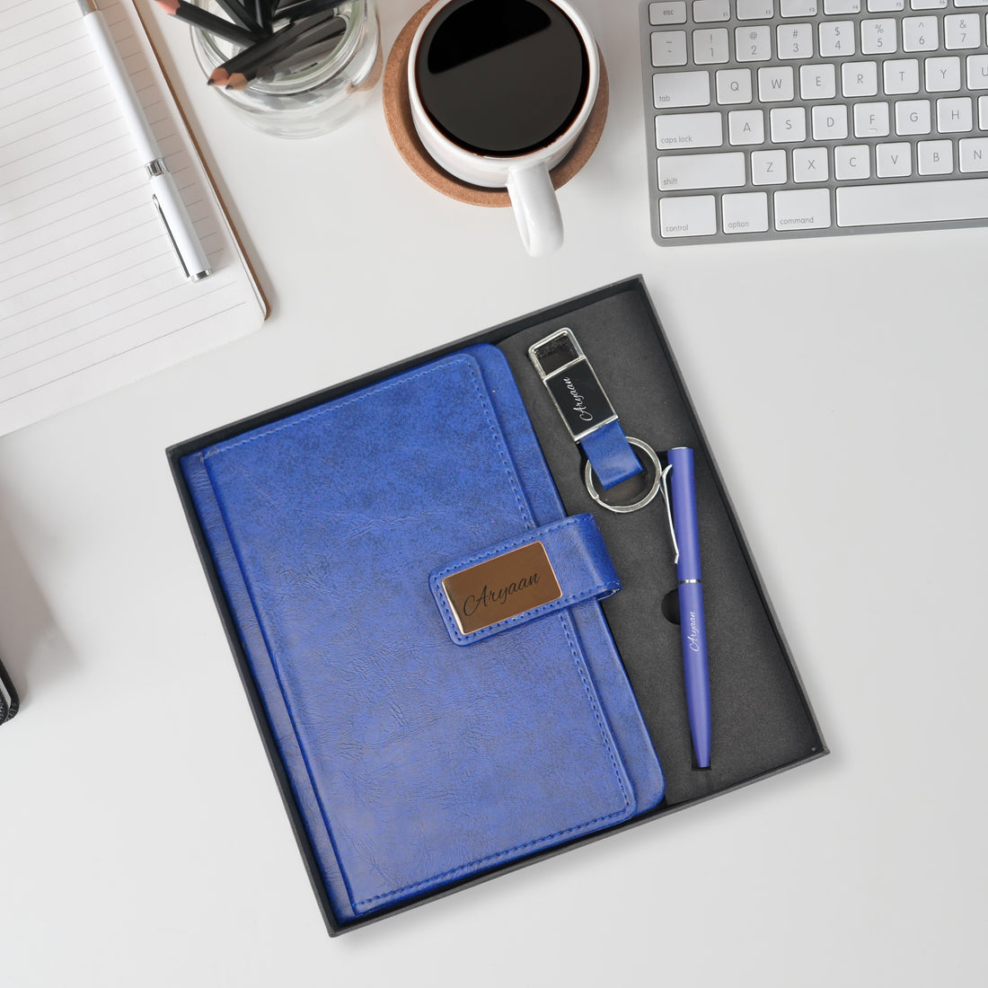 Classy Executive Diary + Classic Metal Pen + Classy Leather Metal Keychain - Blue