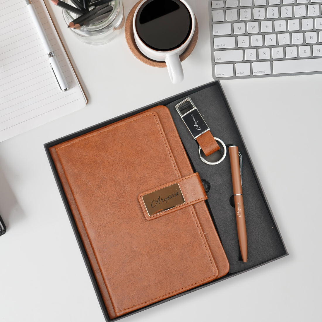 Classy Executive Diary + Classic Metal Pen + Classy Leather Metal Keychain - Tan