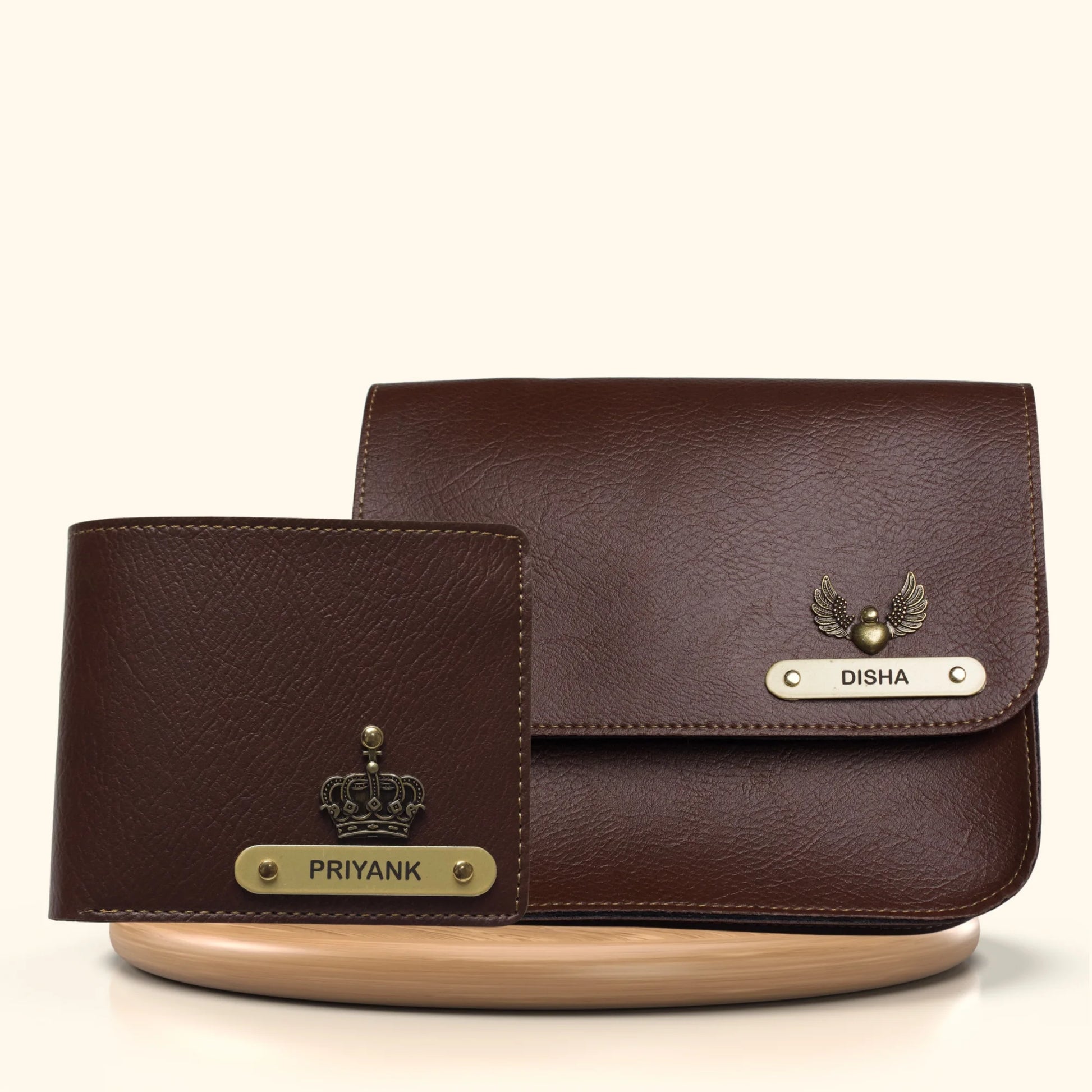 Nexon Leather Personalized Couple's Combo Chained Sling Bag Men's Wallet Brown