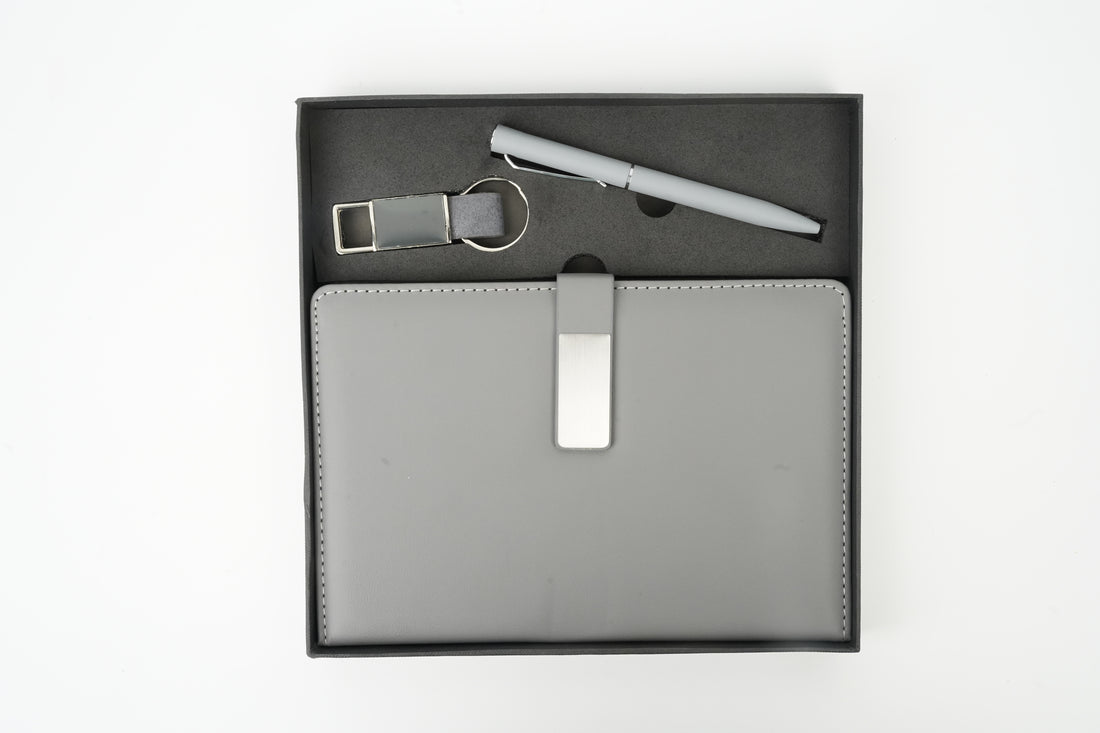 Classy Metal Flip Diary + Classic Nexon Pen + Classy Leather Metal Keychain- GREY