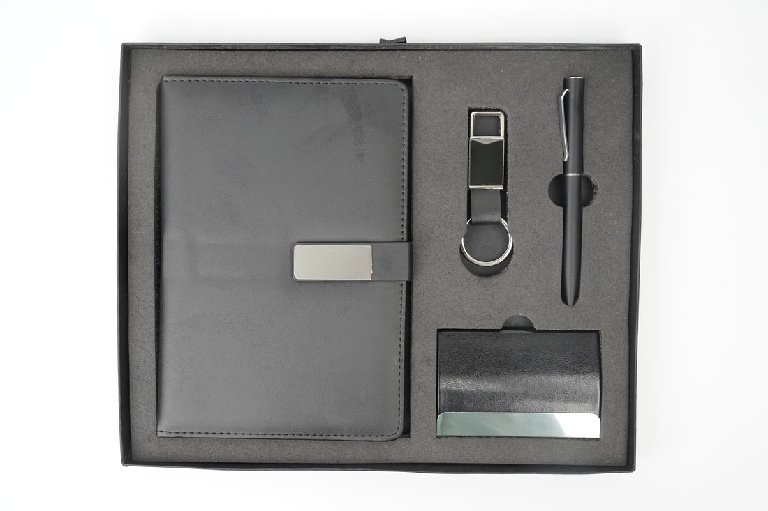 Classy  Metal Flip Diary + Classic Metal Pen + Classy Leather Metal Keychain +Classy Card Holder - BLACK