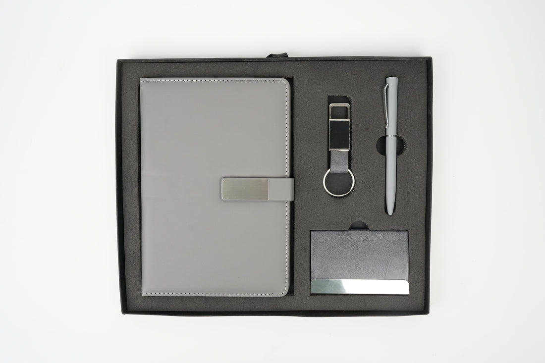 Classy  Metal Flip Diary + Classic Metal Pen + Classy Leather Metal Keychain +Classy Card Holder - GREY