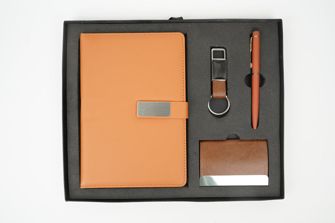 Classy  Metal Flip Diary + Classic Metal Pen + Classy Leather Metal Keychain +Classy Card Holder - TAN