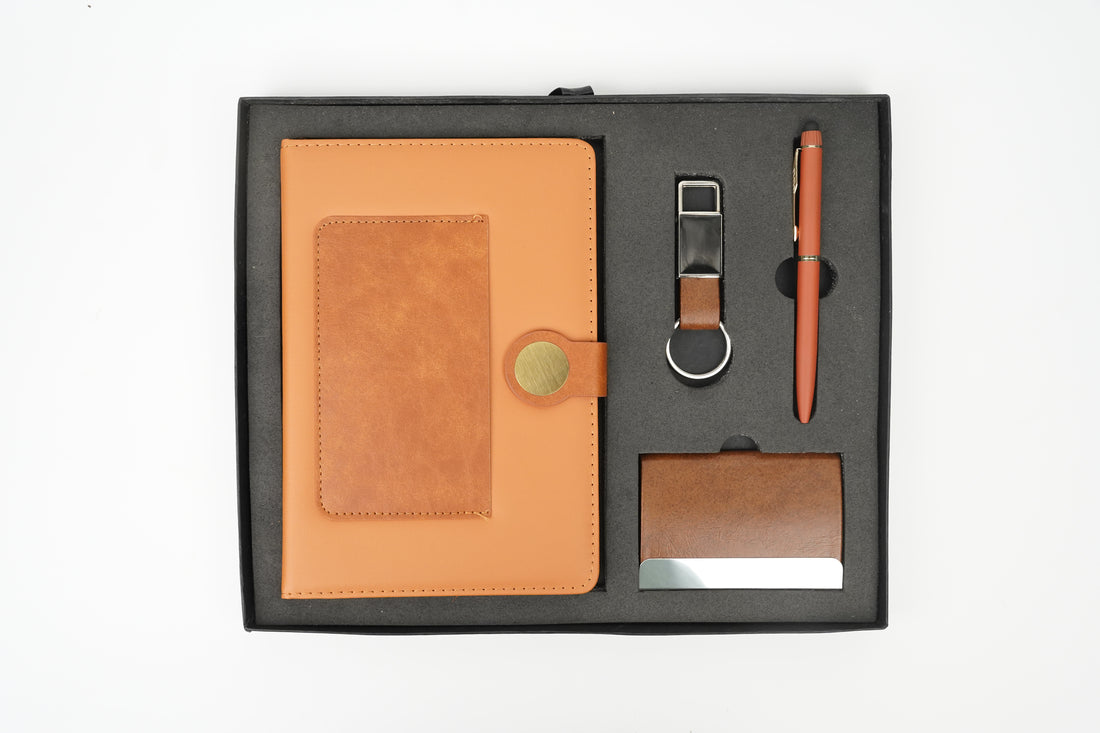 Dual Shade Diary + Classic Metal Pen + Classy Leather Metal Keychain +Classy Card Holder- BROWN