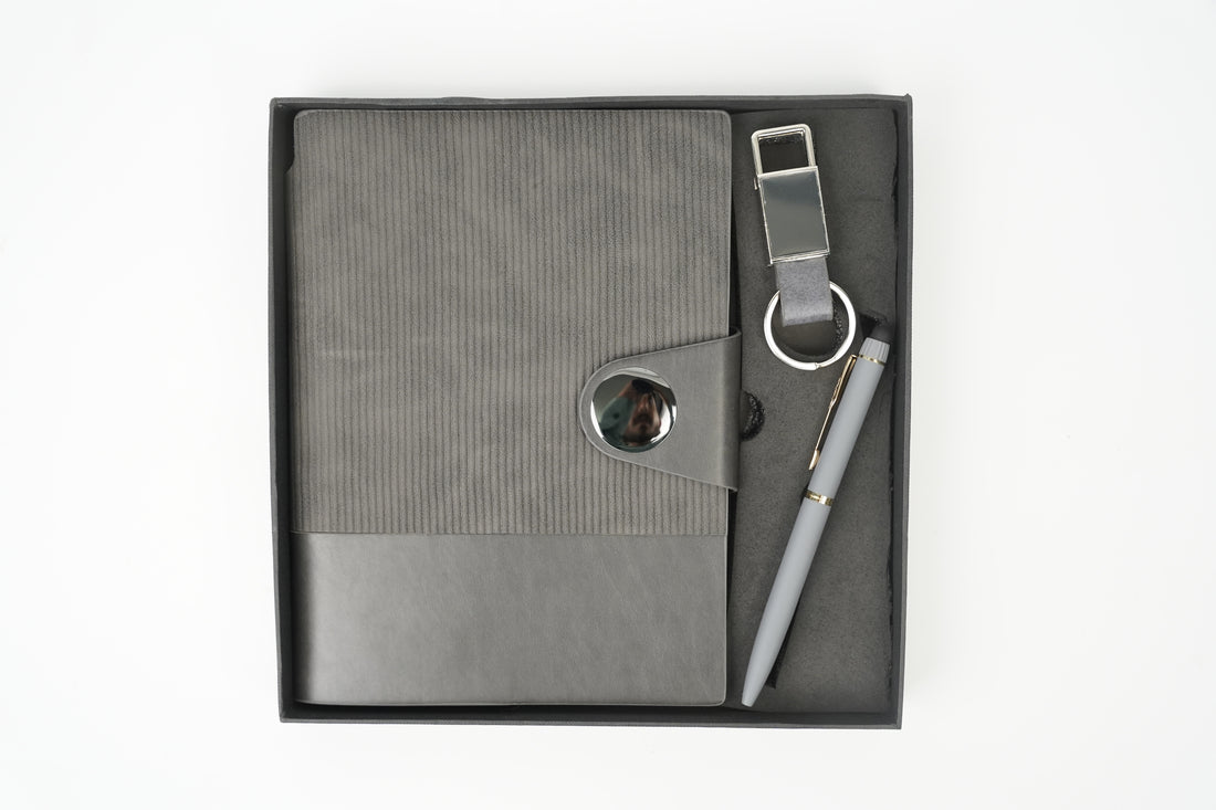 Nexon Flip Diary + Classic Nexon Pen + Classy Leather Metal Keychain- GREY