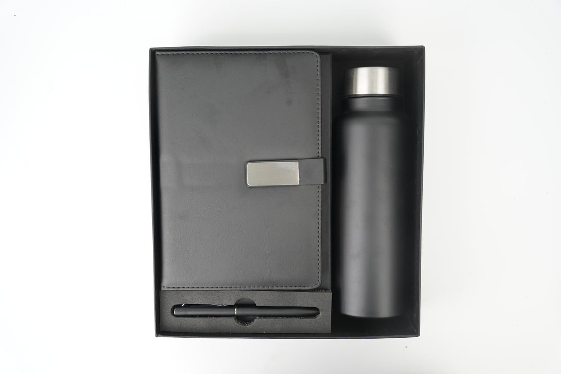 Metal Flip Diary+ Classic Metal Pen+ Classic Stainless Steel Bottle -Black