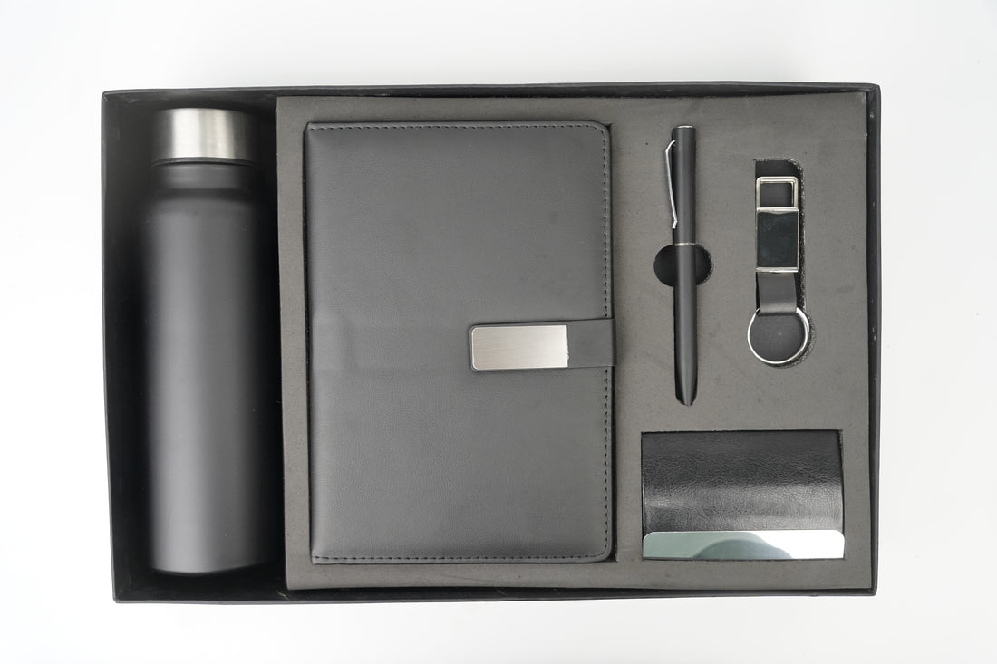 Classy Metal Flip Diary + Classic Metal Pen + Classy Leather Metal Keychain +Classy Card Holder + Classic Smart Bottle - Black