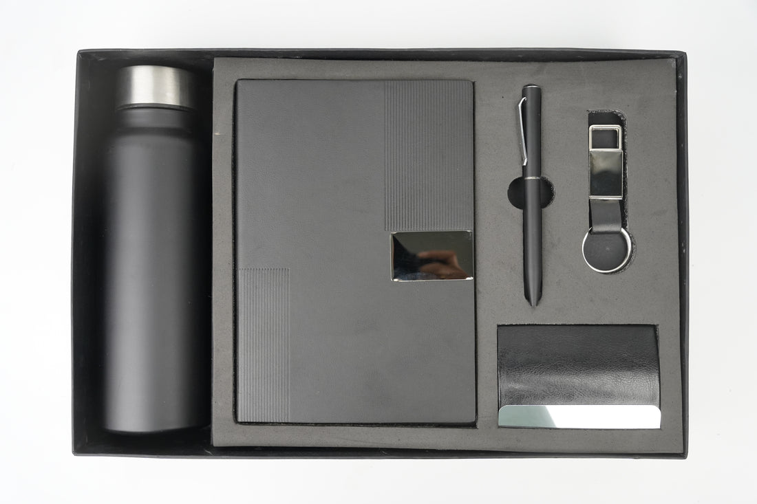 Nexon Diary + Nexon Metal Pen + Classy Leather Metal Keychain +Classy Card Holder + Classic Smart Bottle - BLACK