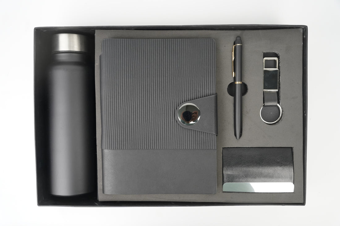 Nexon Flip Diary + Nexon Metal Pen + Classy Leather Metal Keychain +Classy Card Holder + Classic Smart Bottle -BLACK