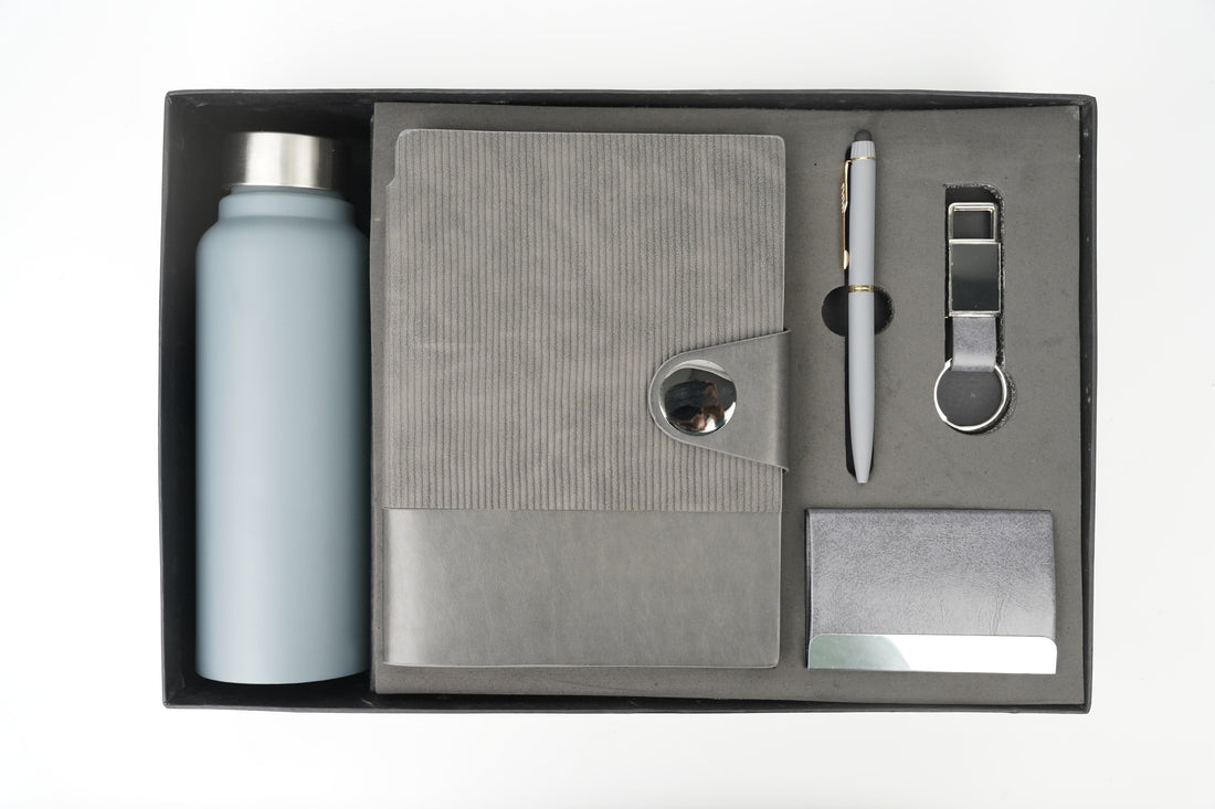 Nexon Flip Diary + Nexon Metal Pen + Classy Leather Metal Keychain +Classy Card Holder + Classic Smart Bottle - GREY