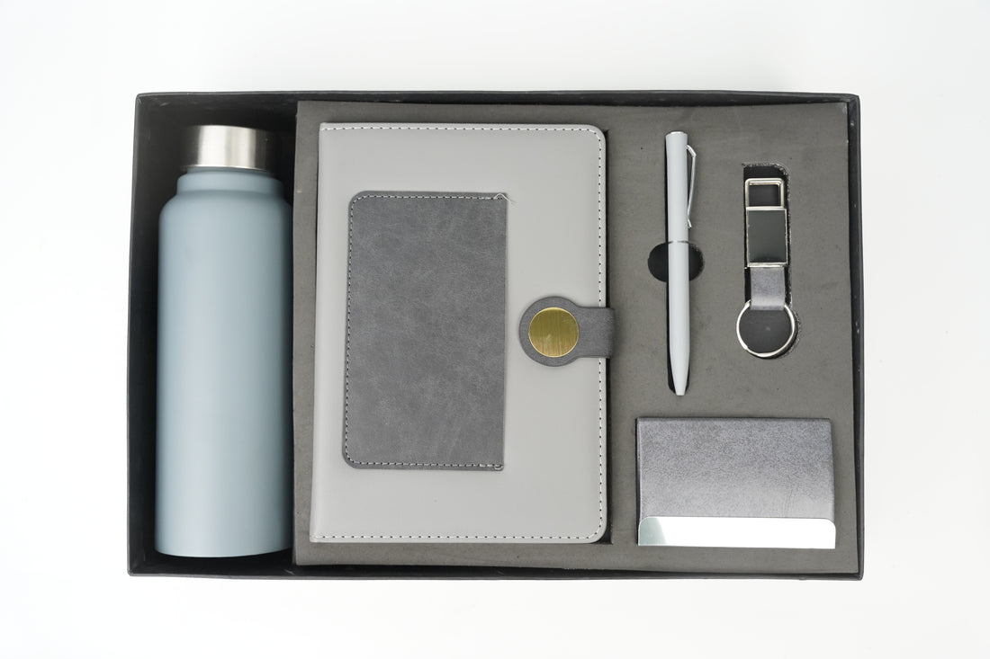 Dual Shade Diary + Classic Metal Pen + Classy Leather Metal Keychain +Classy Card Holder + Classic Smart Bottle - GREY