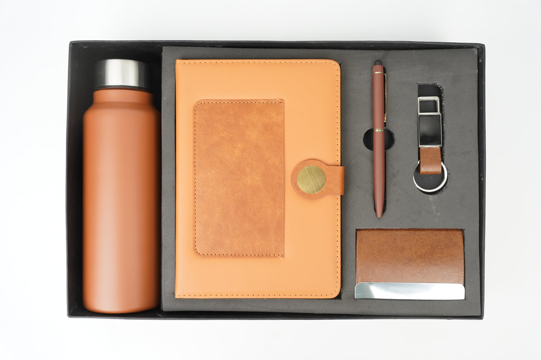 Dual Shade Diary + Classic Metal Pen + Classy Leather Metal Keychain +Classy Card Holder + Classic Smart Bottle -TAN
