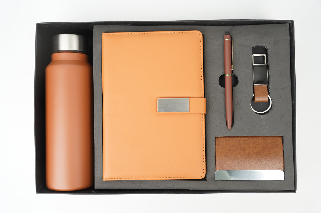 Classy Metal Flip Diary + Nexon Metal Pen + Classy Leather Metal Keychain +Classy Card Holder + Classic Smart Bottle - TAN