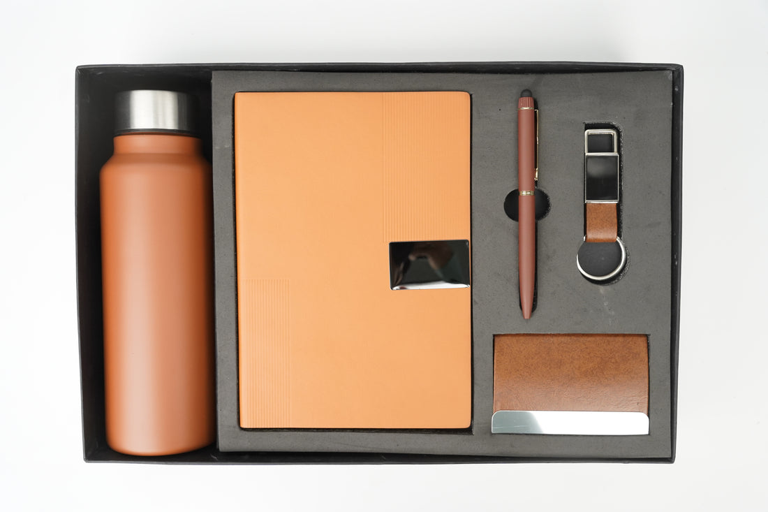 Nexon Diary + Nexon Metal Pen + Classy Leather Metal Keychain +Classy Card Holder + Classic Smart Bottle - TAN