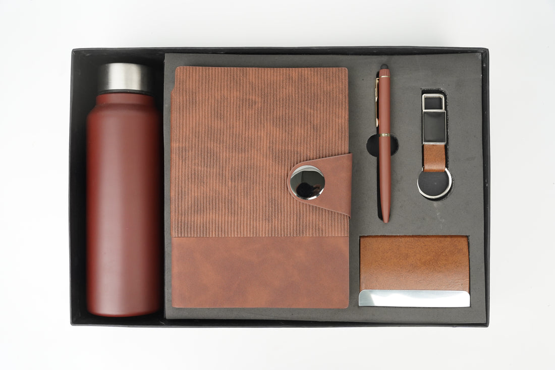Nexon Flip Diary + Nexon Metal Pen + Classy Leather Metal Keychain +Classy Card Holder + Classic Smart Bottle - BROWN