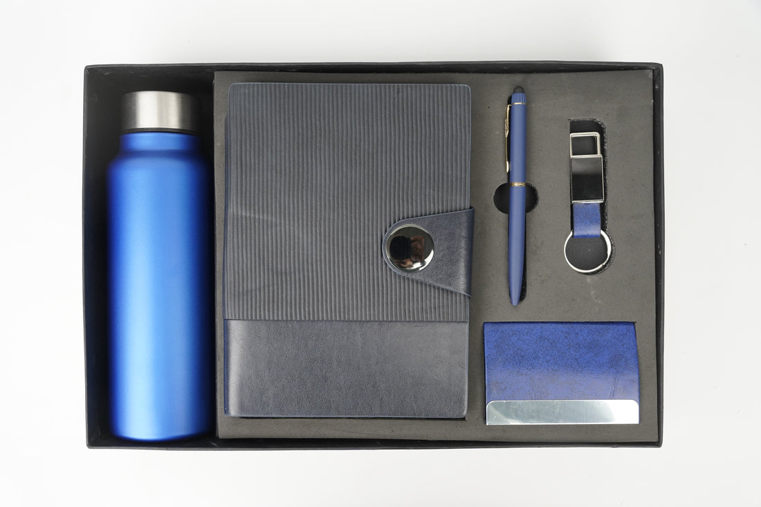 Nexon Flip Diary + Nexon Metal Pen + Classy Leather Metal Keychain +Classy Card Holder + Classic Smart Bottle - BLUE