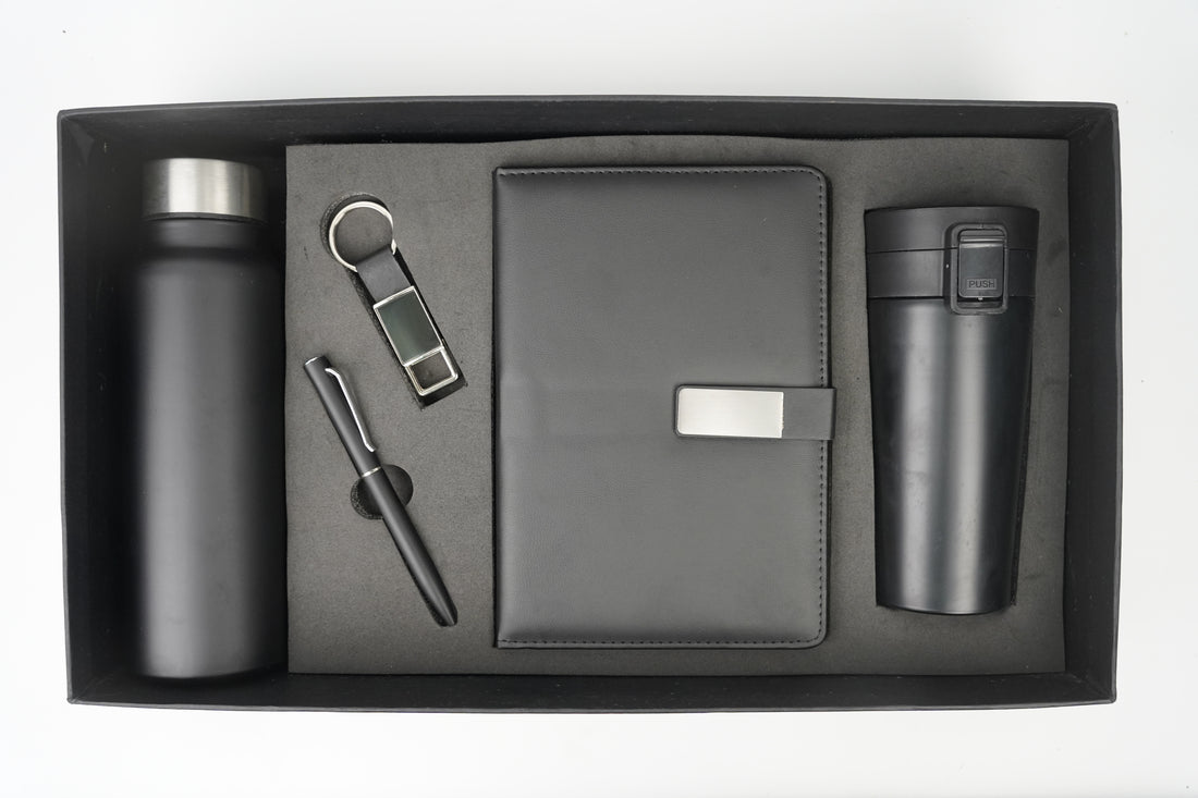 Metal Flip Diary + Classic Metal Pen + Classy Leather Metal Keychain + Classic Smart Bottle  + Stainless Steel Travell Mug - BLACK