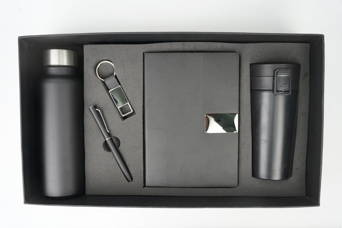 Nexon Diary + Classic Metal Pen + Classy Leather Metal Keychain + Classic Smart Bottle  + Stainless Steel Travell Mug - Black