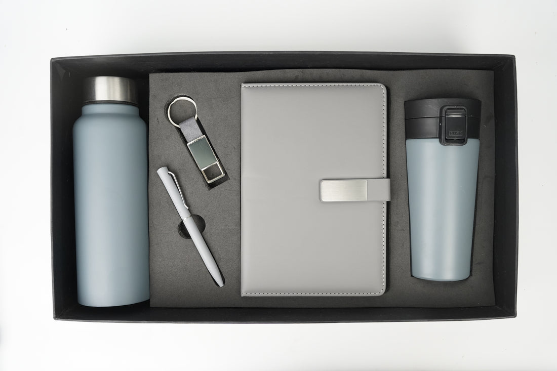 Metal Flip Diary + Classic Metal Pen + Classy Leather Metal Keychain + Classic Smart Bottle  + Stainless Steel Travell Mug - GREY
