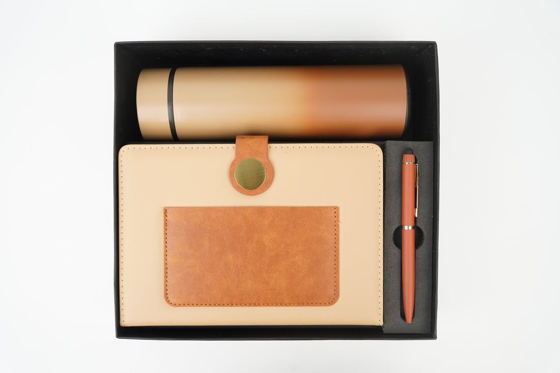 Dual Shade Diary+ Classic Metal Pen+ Temperature Bottle-Dual Shade Brown